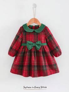 Cozy Pixies Vestido de Manga Longa com Gola Peter Pan e Cintura Marcada para Meninas, Confortável e Versátil, Adequado para Uso Casual, Escola, Esqui, Uso Diário, Esportes, Festas, Outono/Inverno. Forro Térmico, Reforçado para Clima Frio. Vestido de Natal para Bebê Menina, Vestido Vintage para Bebê Menina em Bordô, Vestido Xadrez Vermelho para Bebê Menina, Vestido de Natal Xadrez para Bebê, Vestido de Natal Tartan para Bebê Menina - Vermelho - Visão 3