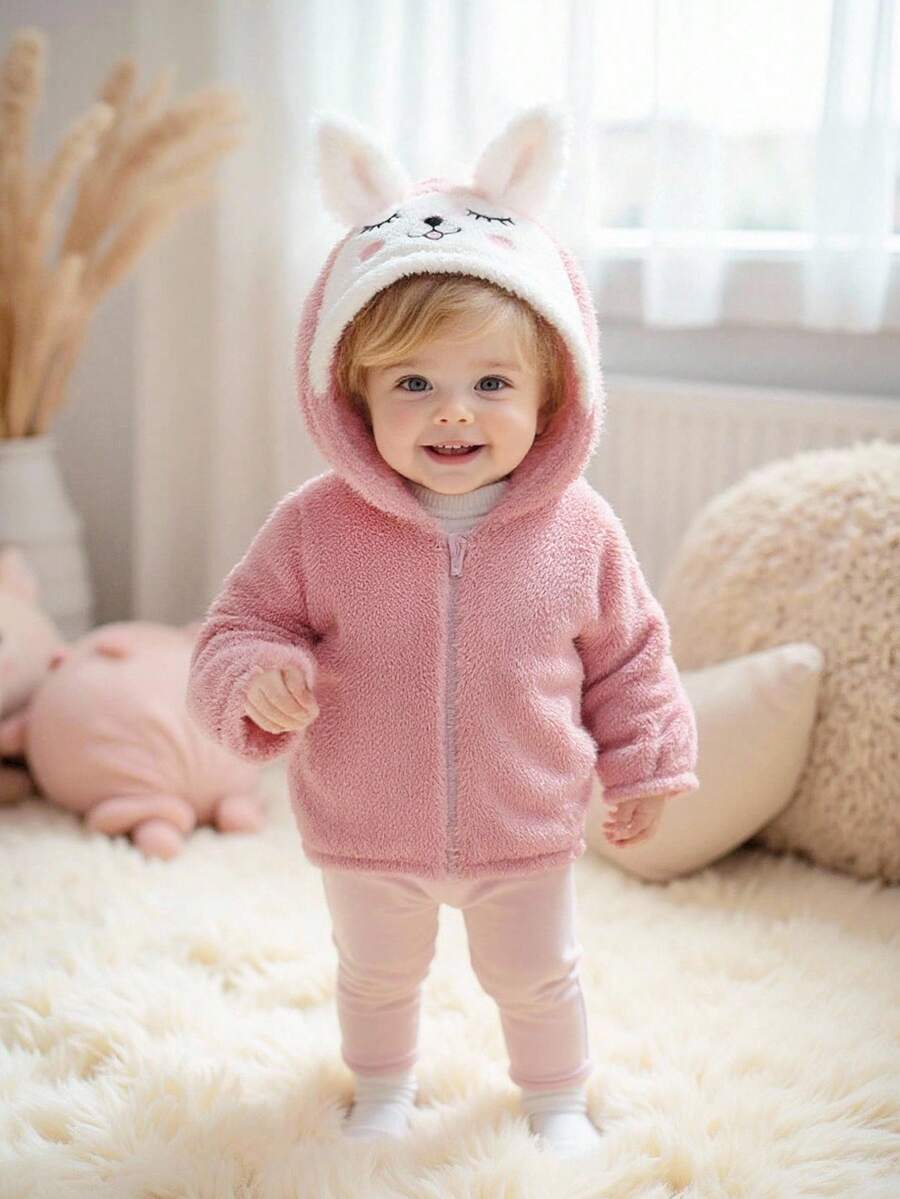SHEIN Baby Girl Cute Thermal Lined Hooded Jacket, Versatile For Autumn/Winter Fall