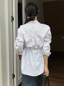 DAZY 女式休闲不对称下摆翻领长袖条纹衬衫，秋季 - 白色 - 查看 6