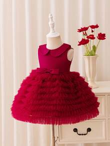Glamorique Kids Váy bánh kem bằng vải tuyn lưới bóng satin màu đỏ tía cho bé gái, cổ Peter Pan, trang trí nơ, váy dự tiệc sinh nhật cho trẻ sơ sinh, Giáng sinh, Halloween, váy dự tiệc cưới - Màu Đỏ Sâu - Xem 4