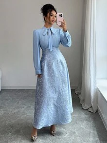 Elenzga Váy dài tay dáng chữ A xếp ly eo thanh lịch mới thu/đông 2025 dành cho nữ - Màu xanh nhạt - Xem 4