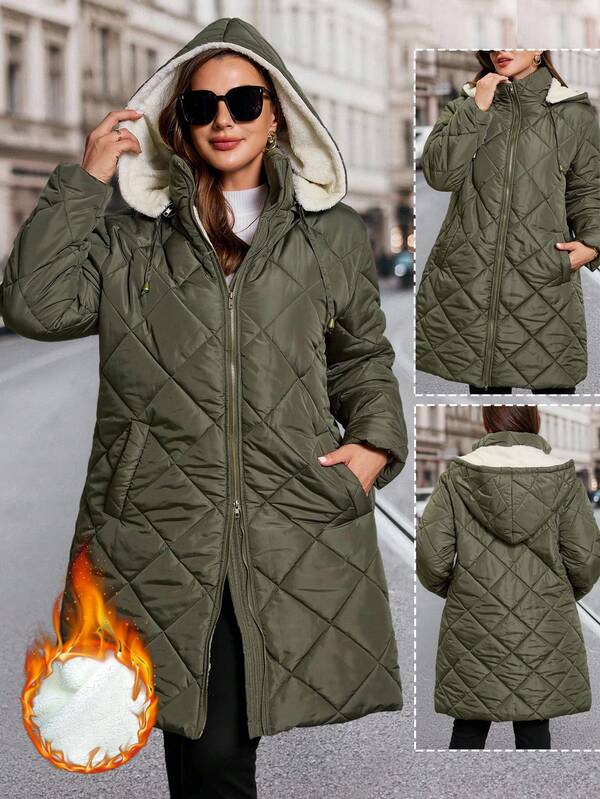 SHEIN Clasi Płaszcz pikowany damski w dużym rozmiarze, długość do kolan, z kapturem, na jesień/zimę