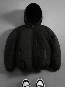 Manfinity Hypemode 男士纯色长袖拉链连帽休闲冬季外套，Y2K风格冬季服饰，送给男友的完美礼物，街头风、校园风和万圣节时尚单品 - 黑色 - 查看 3