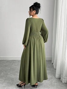 Elenzga Váy xếp ly màu trơn cổ điển thanh lịch cỡ lớn dành cho nữ, cổ tròn, eo chun, cài chéo phía trước, tay bồng, tay dài, dài đến đầu gối, màu xanh quân đội, thích hợp mặc đi làm, đi chơi, thường ngày, ngày lễ, tiệc tùng, thu đông - màu xanh lá - Xem 2