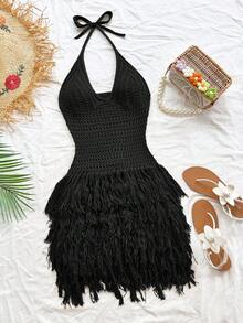 Soleia Váy ngắn hở lưng tua rua dệt kim họa tiết dành cho nữ, trang phục dự tiệc gợi cảm cho kỳ nghỉ hè trên bãi biển, thích hợp cho ngày lễ, tiệc trà chiều, mùa cưới, kỳ nghỉ du ngoạn trên biển, kỳ nghỉ đường phố, kỳ nghỉ Boho, lễ hội âm nhạc vào mùa thu/đông - màu đen - Xem 1