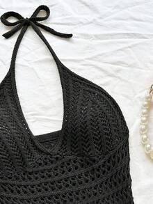 Soleia Váy ngắn hở lưng tua rua dệt kim họa tiết dành cho nữ, trang phục dự tiệc gợi cảm cho kỳ nghỉ hè trên bãi biển, thích hợp cho ngày lễ, tiệc trà chiều, mùa cưới, kỳ nghỉ du ngoạn trên biển, kỳ nghỉ đường phố, kỳ nghỉ Boho, lễ hội âm nhạc vào mùa thu/đông - màu đen - Xem 5