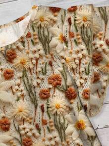 EMERY ROSE 浪漫优雅仿 3D 花卉印花加大码女式圆领荷叶边下摆短袖衬衫，春夏女式花卉上衣，女式夏季衬衫，波西米亚风女式上衣 - 彩色 - 查看 7