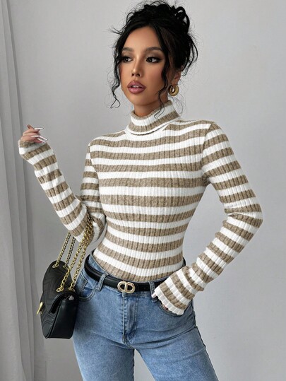 Elenzga Women's Early Autumn High Collar Fleecy Ribbed Long Sleeve T-Shirt Graphic Tees Women Tops For Spring Outfit