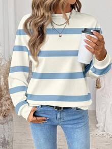 SHEIN LUNE Casual Minimalist Printed Pattern Crew Neck Loose Fit Women Sweatshirt,Fall Blue And White Striped Striped Sweater Striped Long Sleeve Fall Clothes For Women Winter Clothes Women - Multicolor - View 5