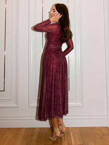 Modelyn Autumn Women's Wine Red Mesh V-Neck Ruched Front Waist Pleated Sexy Elegant Party Cocktail Dress - Burgundy - View 2