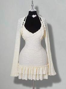 SHEIN ICON 针织提花层叠荷叶边吊带裙与长袖披肩套装 - 杏色 - 查看 10