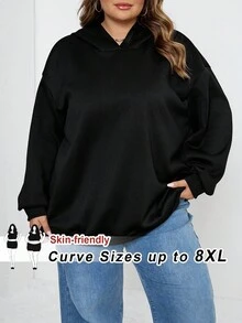 SHEIN CURVE+ 大码女式黑色长袖连帽休闲宽松运动衫，适合秋冬季 - 黑色 - 查看 10