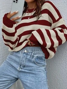 EMERY ROSE 休闲宽松条纹圆领长袖女套头毛衣秋季毛衣红白条纹毛衣冬季毛衣条纹毛衣女条纹毛衣 - 彩色 - 查看 7