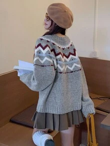 DAZY 女士宽松休闲圆领毛衣，秋冬新品 - 灰色 - 查看 4