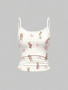 ROMWE Kawaii Cute Rabbit Polka Dot Full Print Lace Camisole & Ruched Shorts Pajama Set, Casual Loungewear - White - View 5