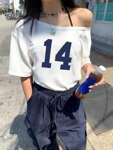 Jouncy Women Digital Print Round Neck Convertible Shoulder Short Sleeve T-Shirt, Summer Graphic Tees Women Tops