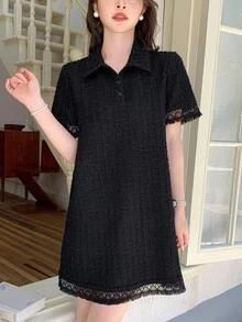 DAZY 女士纯色镂空简约休闲短袖连衣裙 - 黑色 - 查看 8