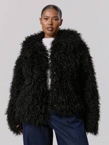 MUSERA 蓬松毛大码翻领外套 春夏款 - 黑色 - 查看 1