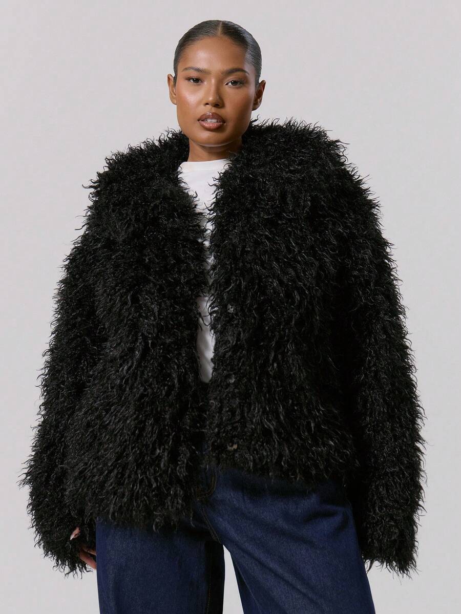 MUSERA 蓬松毛大码翻领外套 春夏款 - 黑色 - 查看 1