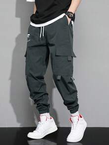 Claim Dot Men's Cartoon Printed Flap Pocket Cargo Pants, Fall - Grey - View 3