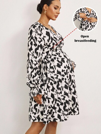 MaterniWear Pregnant Women Fashionable Commuting Black And White Leopard Print All-Over Print Long-Sleeved Dress  Business Casual Woman   Fall Women Clothes   Business Casual Woman  Business  Fall   Maternity  Dress  Women's Winter Clothes