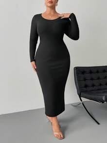 SHEIN PETITE CURVE Petite Plus Solid Scoop Neck Bodycon Dress - Black - View 3