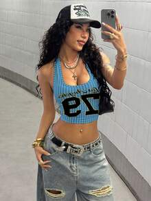 StreetHx Women's English Text & Striped Print Street Style Tank Top - Blue - View 5
