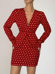 Siren Gaze Women's Vintage Polka Dot Fashionable Sexy Polka Dot Print Deep V-Neck Bodycon Mini Dress Christmas Winter New Year Party Red - Red - View 2