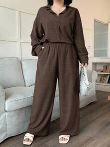 Livesso Curve Western Style Beach Vacation Solid Color Denim Effect Linen Loose Casual Plus Size Women 2 Pieces Set, Spring/Autumn Lounge Sets For Women - Coffee Brown - View 5