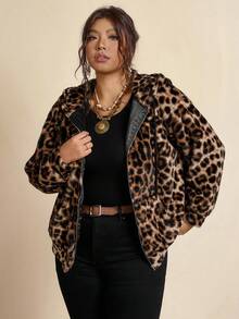 SHEIN LUNE 大码女式豹纹长袖拉链连帽抽绳外套秋冬外套女式冬季外出上衣女式外出拉链连帽衫冬季外套动物纹棕色秋季 - 彩色 - 查看 5