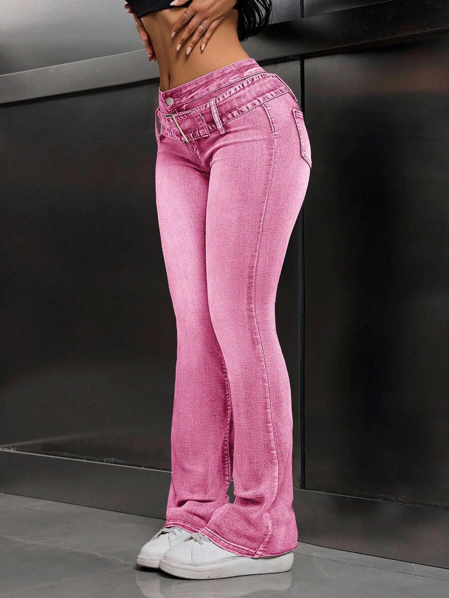 SHEIN Tall 休闲水洗低腰修身喇叭牛仔裤 - 粉色 - 查看 1