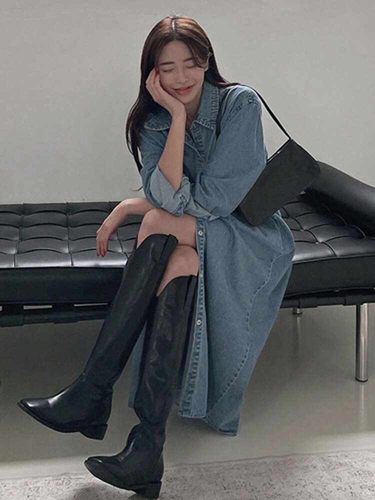 Women's Loose Denim Dress With Front Button Closure And Dropped Shoulder,Back To School Clothes Maxi Dress