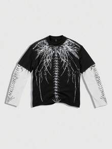 ROMWE MEN Street Life Men's Gothic Printed Long Sleeve T-Shirt, 2 In 1 Top, Fall