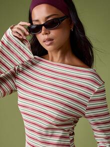 MISSGUIDED 船领罗纹针织迷你连衣裙长袖紧身条纹派对晚装秋季时尚 Y2K 审美复古风格 - 彩色 - 查看 4