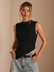 SHEIN BAE Áo thun nữ cổ tròn xếp ly màu trơn thường ngày không tay - màu đen - Xem 5