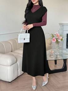 DAZY Women's Elegant V-Neck Solid Color Knitted Dress, High-End, Autumn/Winter Sweater Dress - Black - View 1