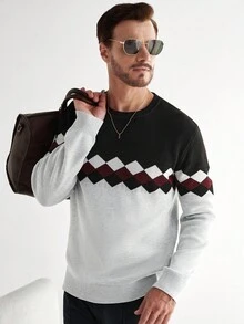 Manfinity CityGents 男士时尚新款撞色针织长袖套头衫 - 淺灰色 - 查看 4