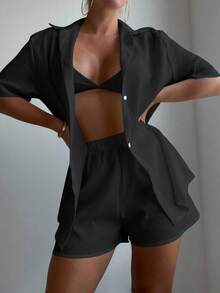 Bonvoyette Summer Beach Solid Button Front Cover Up Set