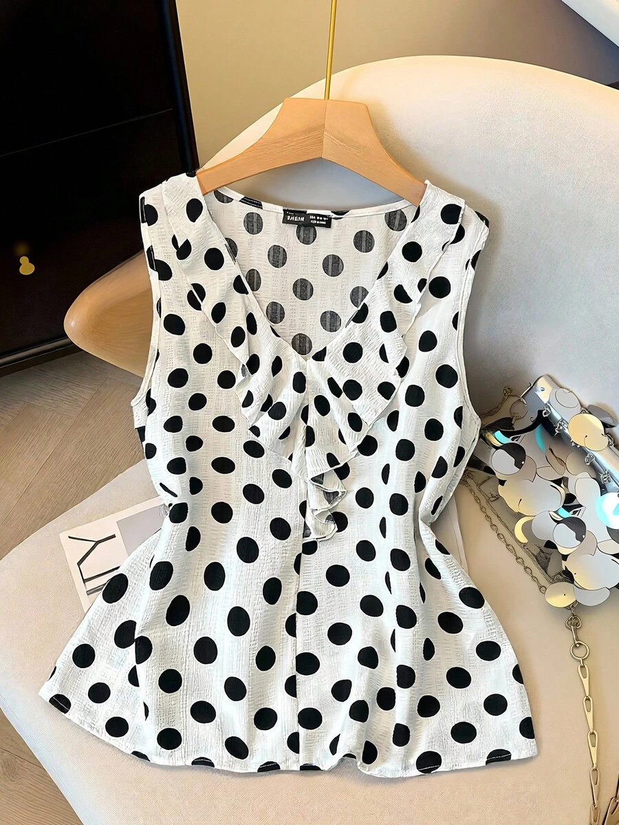 SHEIN Clasi 女士荷叶边波尔卡圆点印花无袖休闲衬衫 - 黑與白 - 查看 1