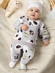 Cozy Pixies 新生男婴/女婴卡通熊猫印花圆领长袖连帽衫和松紧腰踝长裤两件套 - 灰色 - 查看 3