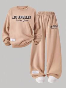 2 Stücke/Set Mädchen Lässig Minimalistisch Los Angeles Grafik Fleece Rundhals Langarm Sweatshirt und Weite Hose, Herbst/Winter