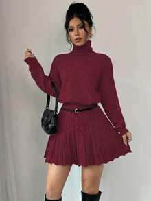 Rafferiza 2件套：纯色宽松百褶裙和高领毛衣 - 酒紅色 - 查看 3