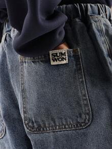 SUMWON 棉质宽松青年牛仔慢跑裤经典街头风弹力踝靴男童休闲裤，腰部抽绳，阔腿设计，适合秋冬 - 藍色 - 查看 7