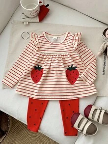 LMoss Kids 2pcs Baby Girl Knitted Ruffle Collar Casual T-Shirt And Leggings Set Fall Winter - Multicolor - View 5