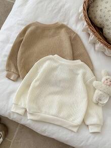 LMoss Kids LMoss  2pcs Baby Girl Knitted Solid Color Letter Embroidered Crew Neck Casual Sweatshirt Set,Winterclothes For Baby Fall - Multicolor - View 2