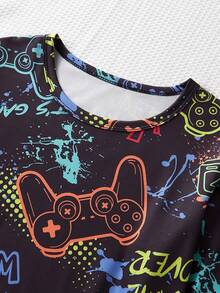 SHEIN 2 件套男童游戏玩家印花长袖睡衣套装，儿童休闲服