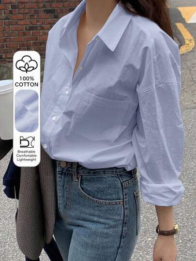 DAZY Camisa de manga larga holgada, versátil y transpirable con botones delanteros y hombros caídos de unicolor para mujer