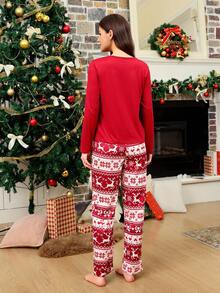 CoupledUp Doze Lane Christmas Element Print Long Sleeve Top & Pants Women Pajama Set Cozy And Elegant Details Christmas Pj Sets, Fall Winter Clothes - Burgundy - View 2