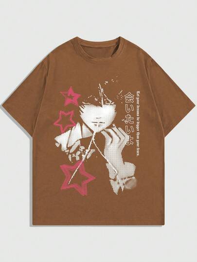 Anime Herren Lässig T-Shirt mit Cartoon-Charakterdruck, Sommer