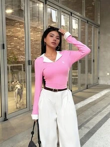 INAWLY 女款休閒對比色領口上衣，秋季 - 粉色 - 查看 4